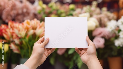 Hands holding blank paper card mockup on fresh colorful pink bouquet of flowers background. Empty thank you card mock up on floral backgrounds, with copy space.