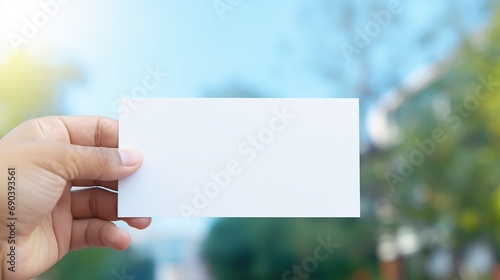 Hand holding white business card on blue blurred background