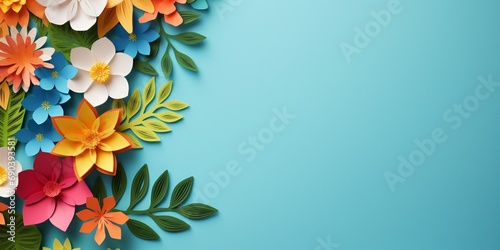 top view of colorful paper cut flowers with green leaves on blue background with copy space © JW Studio