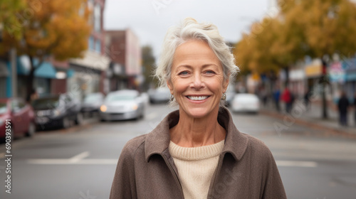 Photograph of a woman over 60 years old, smiling and happy, beautiful, free, on the street © Gloria