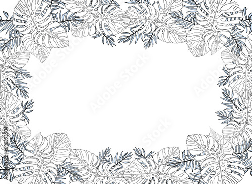 Monstera and palm line art jungle leaves banner, floral boarder for fabric textile or wallpapers. Vector tropical jungle leaves modern background