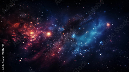 The galaxy in space filled with stars on blue and red backgrounds, in the style of light orange and light black, precisionist lines, light sky-blue and dark indigo