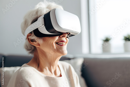 focused older woman with gray hair using modern VR goggles, generative ai 