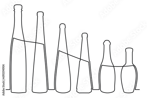 Sketch drawing of a bottle of different shapes in the style of one solid continuous line. Collection of alcoholic drinks photo