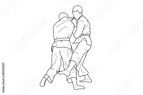 Line drawing of two young sportive judoka fighter. Judoist  judoka  athlete  duel  fight  judo