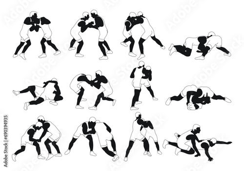 Outline silhouettes of athletes wrestlers. Greco Roman, freestyle, classical wrestling photo