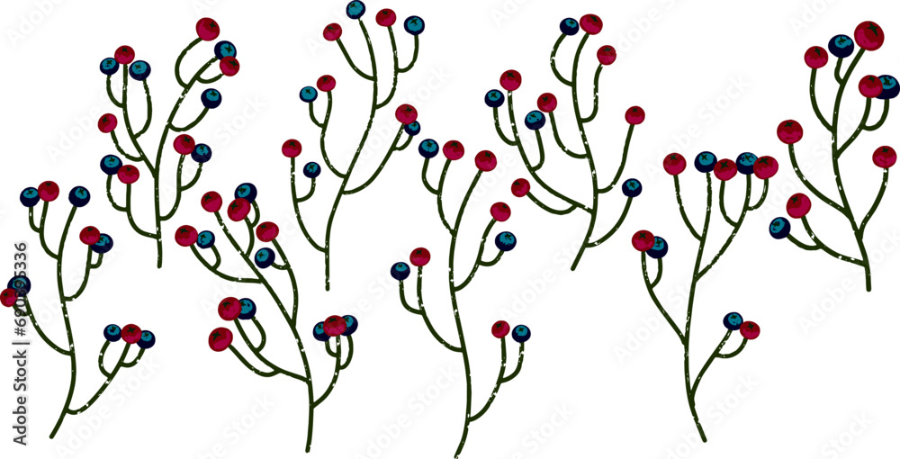 Graceful stems with berries. Vector grainy set of texture elements, cartoon style, doodle, grunge texture, colored pencil, old paint, pencil texture, pastel, pencil. Vector collection. Graceful stems with berries. Vector grainy set of texture elements, cartoon style, doodle, grunge texture, colored pencil, old paint, pencil texture, pastel, pencil. Vector collection.