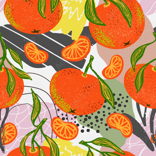Fototapeta Naklejka Na Ścianę i Meble -  Tangerines, abstract spots, leaves and slices. Grainy texture, cartoon style, doodle, grunge texture, colored pencil, old paint, pencil texture, pastel, pencil. Vector seamless pattern.
