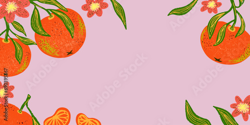 Tangerine card, background on pink background. Grainy texture, cartoon style, doodle, grunge texture, colored pencil, old paint, pencil texture, pastel, pencil. Vector.