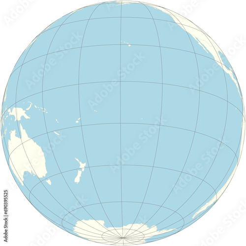 An orthographic projection of the world map with the Cook Islands in the center. The Cook Islands is a country in the South Pacific, with political links to New Zealand.