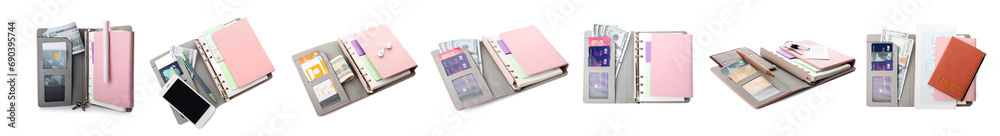 Collection of travel organizers with different things on white background Collection of travel organizers with different things on white background