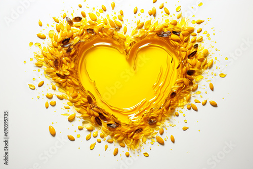 Splashes and drops of flaxseed oil and flax seeds form a heart shape on a light background. photo
