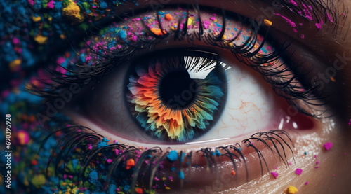 Crop of female eye with colorful make up. Beautiful fashion model with creative art makeup. Abstract colorful splash make-up photo