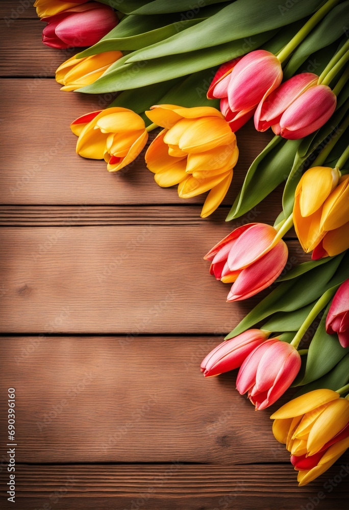 tulips in different colours with a wooden background tulips in different colours with a wooden background