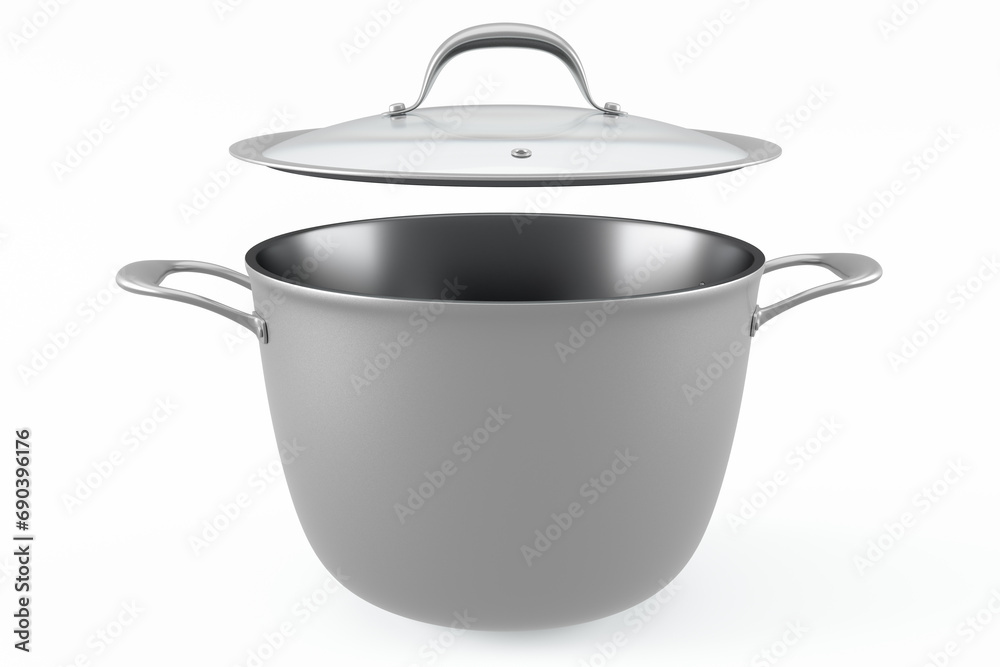Stainless steel cooker with lid and chrome cookware on white background Stainless steel cooker with lid and chrome cookware on white background
