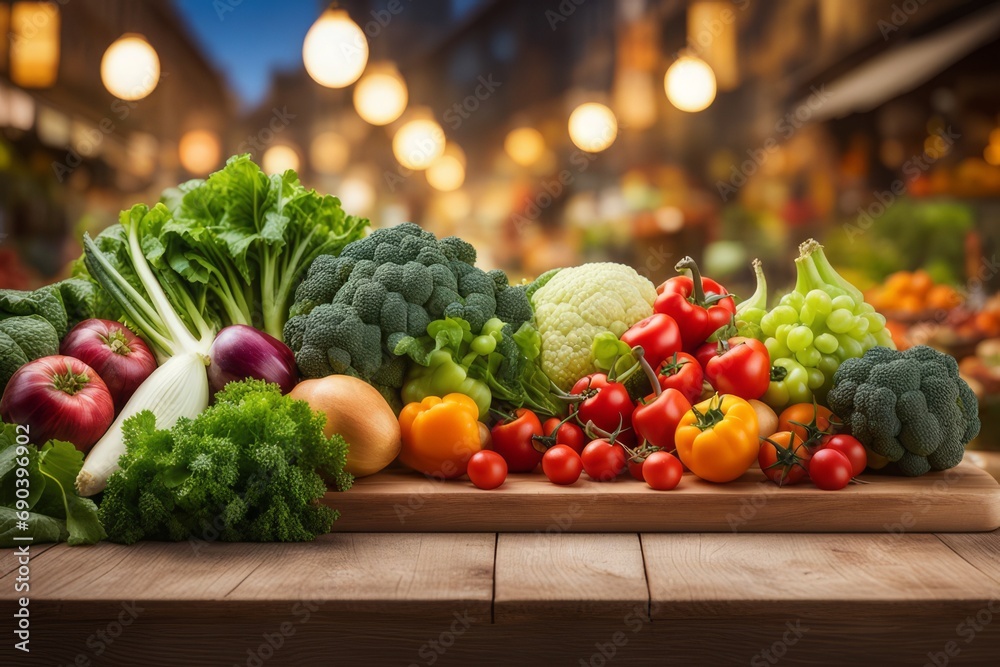 Obraz na płótnie market with a colorful variety of fresh fruits and vegetables under soft light.
 w salonie