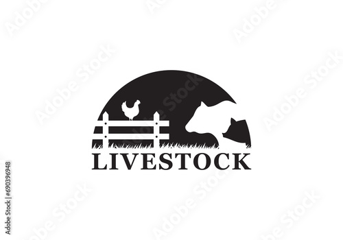 cow pig chicken farm logo vector icon illustration. classic design style © priyo