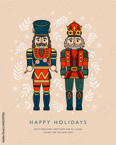 Holiday card template with colorful Nutcracker soldiers in traditional costume. Design element for New Year and Christmas decoration. Vintage wooden toy from Germany.