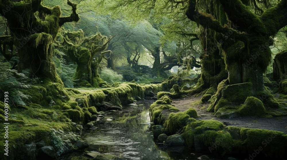 A moss-covered woodland garden with ancient trees and meandering streams evoking a sense of timelessness and connection to nature's ancient beauty