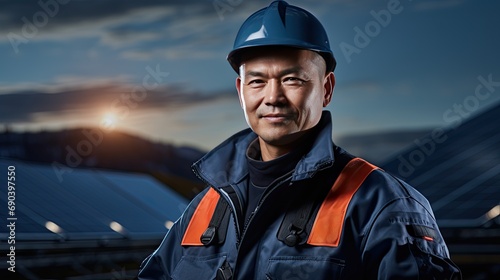 photovoltaic solar panel farm worker engineer portrait on a sunny day