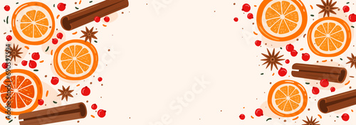 Horizontal winter banner with place for text. Sliced oranges, cinnamon sticks, star anise stars, red berries. Ingredients for mulled wine, hot glogg. Winter vector illustration. photo