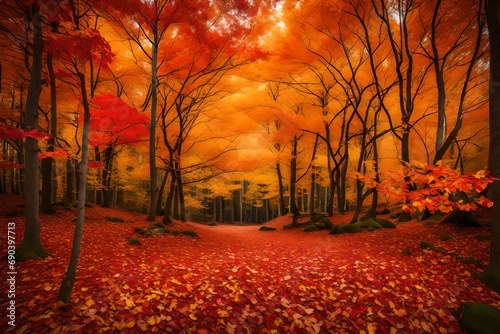 An autumn forest with vibrant red, orange, and yellow leaves carpeting the ground