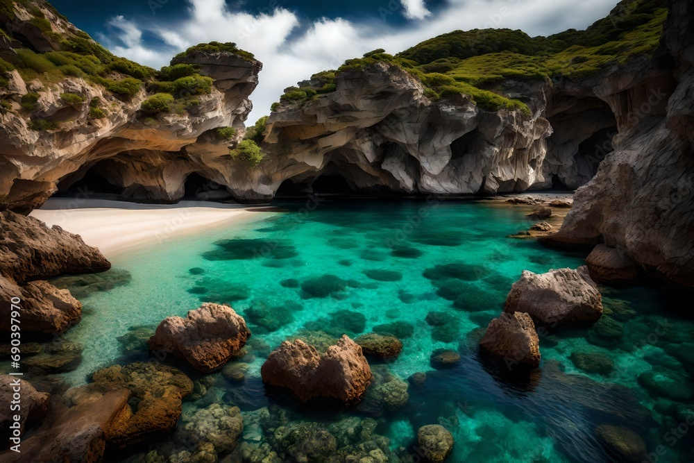 A secluded cove with a small sandy beach and crystal clear water surrounded by cliffs