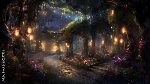 A twilight garden with illuminated pathways and softly lit floral arrangements creating a magical and enchanting ambiance as the day transitions to night © Muslim