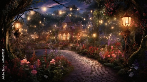 A twilight garden with illuminated pathways and softly lit floral arrangements creating a magical and enchanting ambiance as the day transitions to night © Muslim