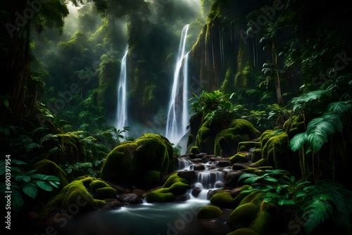 A misty waterfall hidden in a lush tropical rainforest.