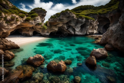 A secluded cove with a small sandy beach and crystal clear water surrounded by cliffs