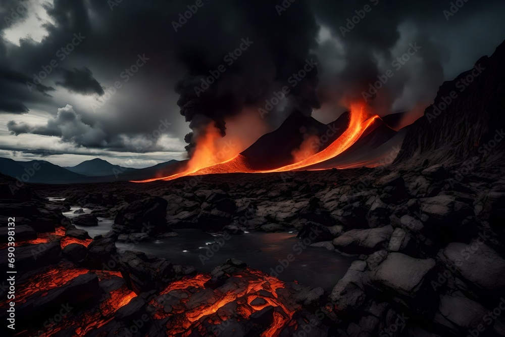A dramatic volcanic landscape with lava flowing and a smoky sky.