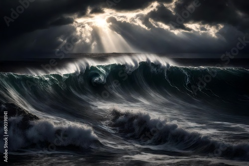 A dramatic stormy sea with towering waves  dark clouds  and a glimpse of sunlight in the distance