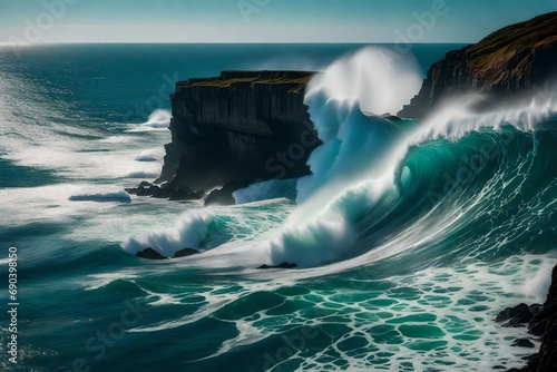 A dramatic cliff overlooking the ocean, with powerful waves crashing against the rocks below