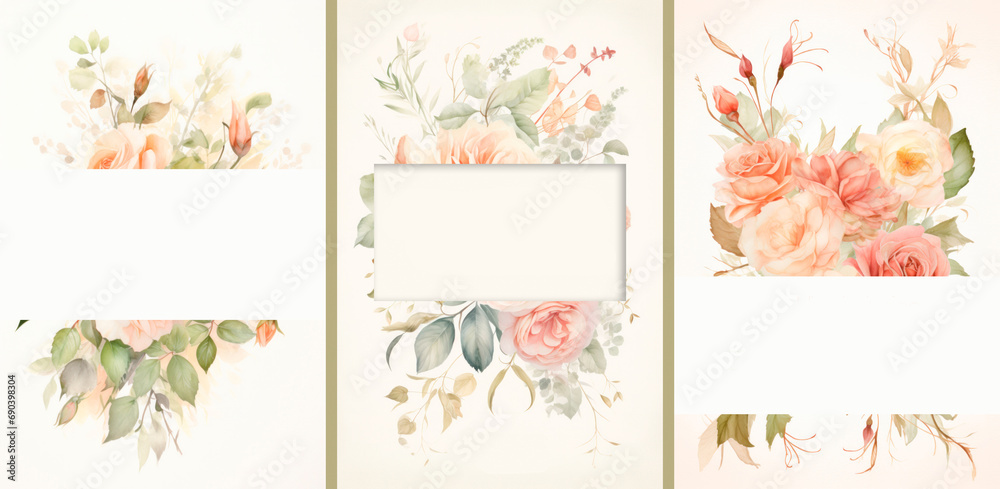 Set of wedding invitation showcasing a watercolor arrangement of antique roses with copy space.