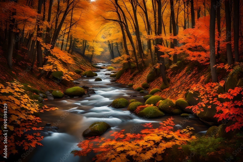 A peaceful river winding through a colorful autumn forest.