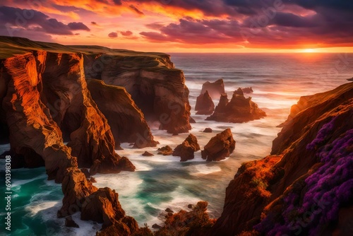 A rugged coastline with sheer cliffs, sea caves, and crashing waves under a vibrant, colorful sunset sky.