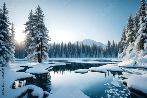 A snowy landscape with a frozen lake and snow-covered pine trees.