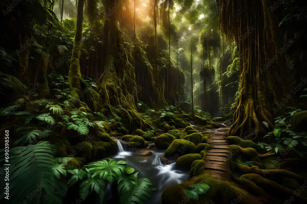 A dense tropical rainforest with towering trees, hanging vines, and a small stream running through