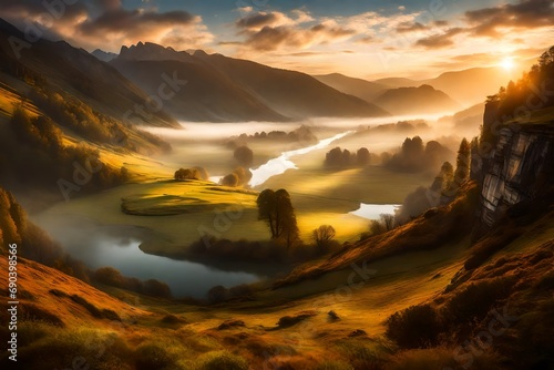 A breathtaking panorama of a serene valley blanketed in mist  with a winding river reflecting the morning sunlight.