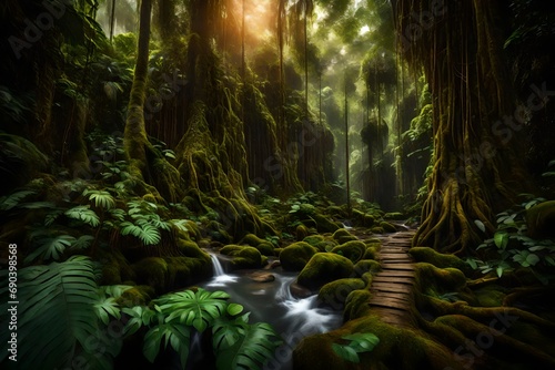 A dense tropical rainforest with towering trees  hanging vines  and a small stream running through