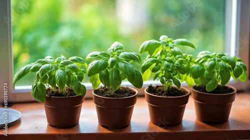 Basil plants in four pots on the window sill