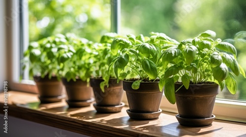 Basil plants in four pots on the window sill