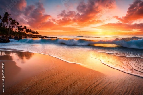 A tranquil beach scene at sunset, with soft waves gently lapping against the shore and a colorful sky