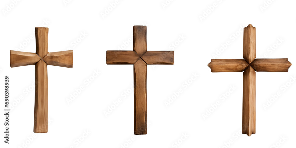 Set of Wooden Cross: Aged Distressed Wood Cross Compilation, Isolated on Transparent Background, PNG