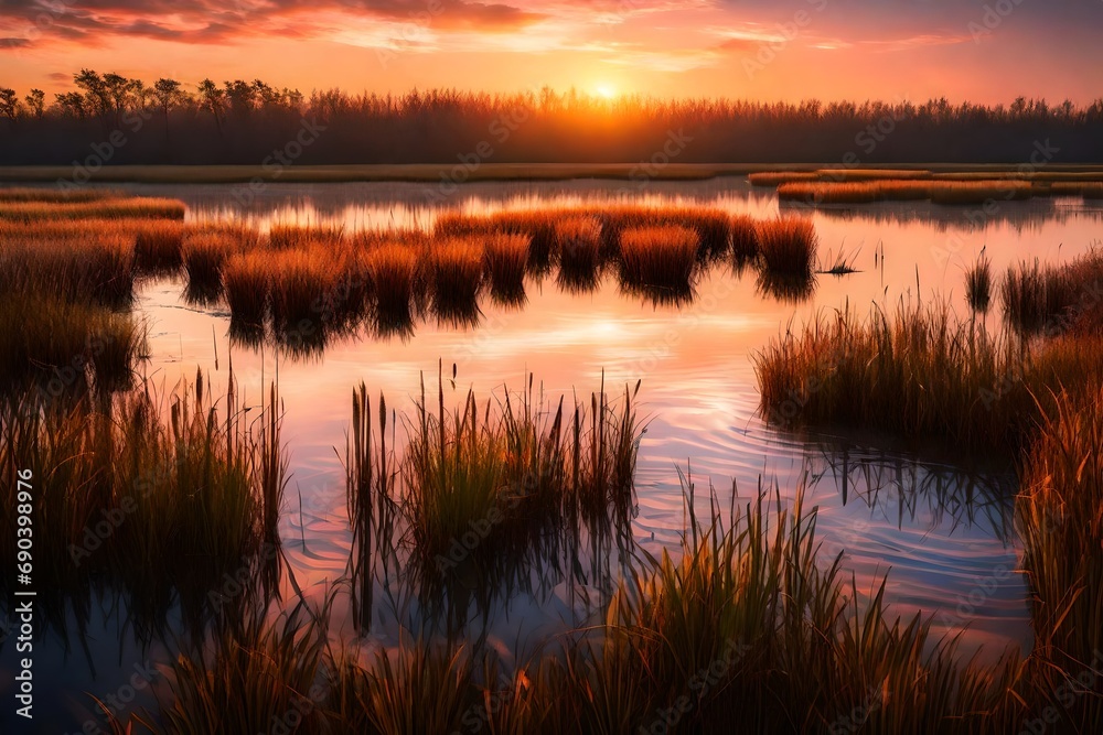 An expansive marshland at sunset, with tall reeds, calm water, and a colorful sky