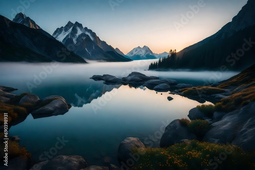 A serene alpine lake surrounded by towering mountains, with a blanket of fog rolling in at sunrise.