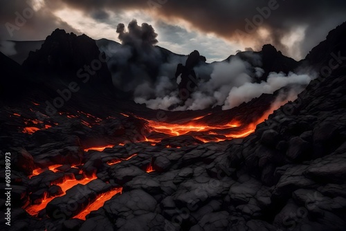 A dramatic volcanic landscape with lava flowing and a smoky sky.