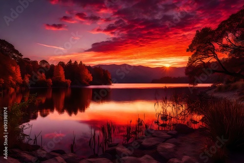 A fiery sunset over a calm lake, with the sky ablaze in reds, oranges, and purples