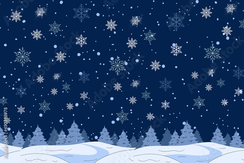 Snowy landscape with blue background, snowflakes falling on a wintry night. Beautiful background design with copy space
